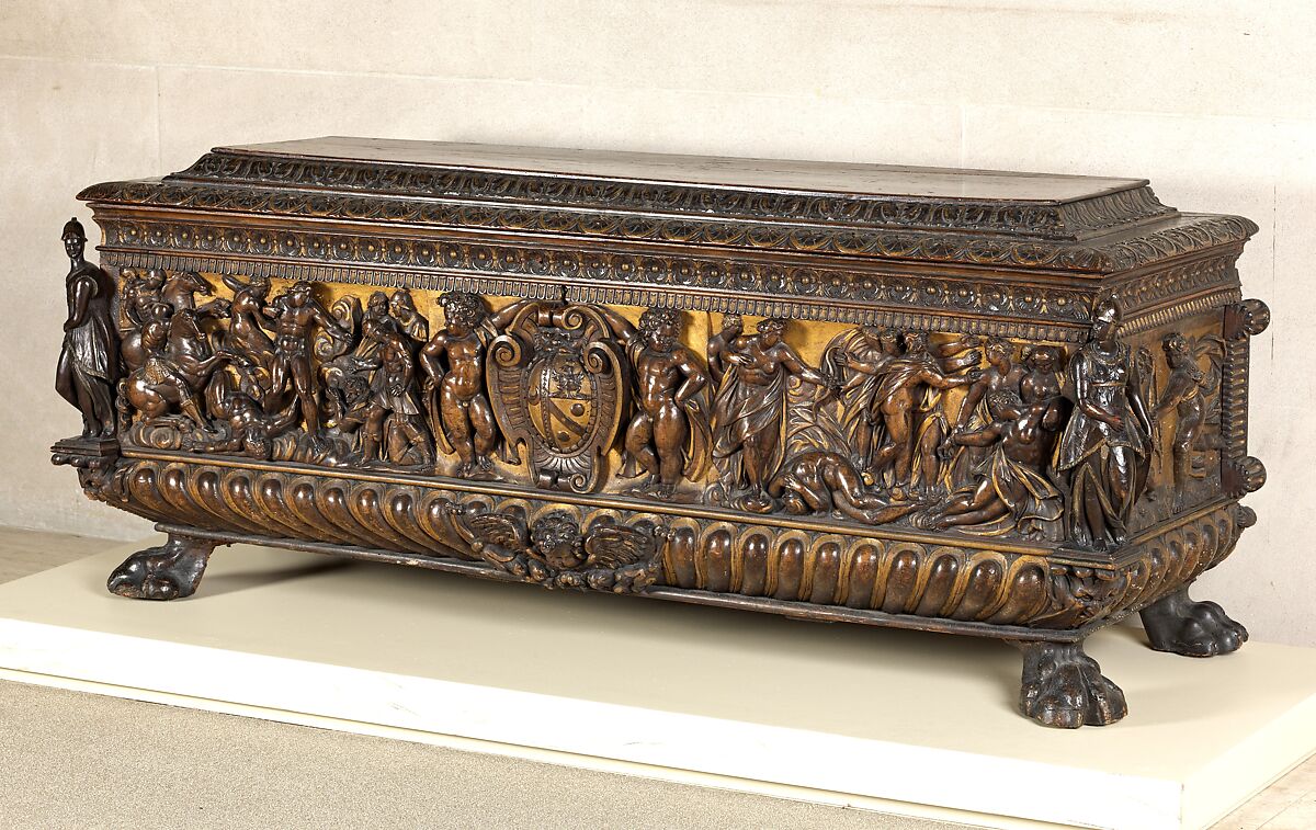 Cassone (chest), pair with 1975.1.1940, Walnut, carved and partially gilded; coniferous wood., Italian (Rome or Siena?) 