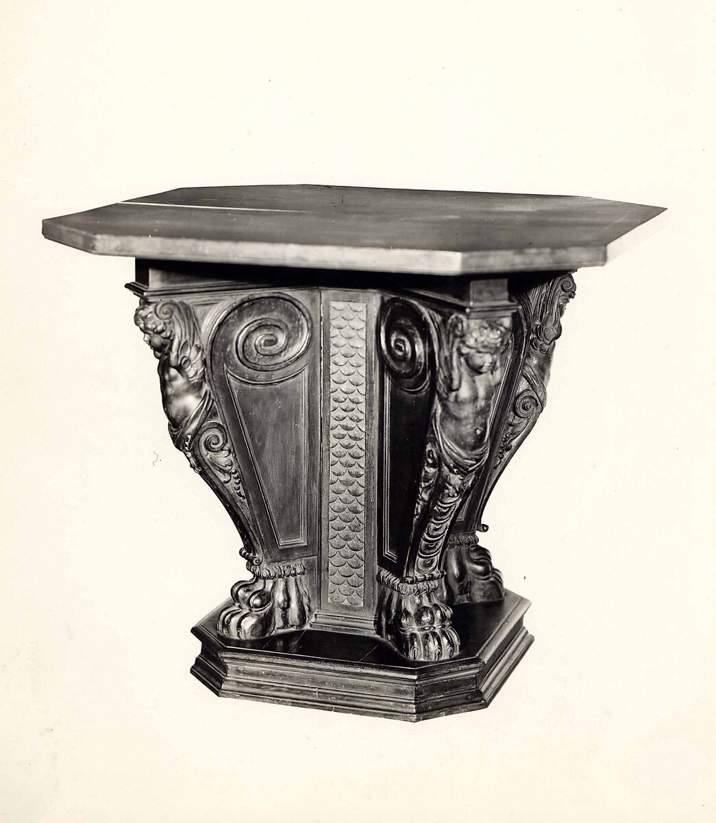 Octagonal table, Walnut, carved., Italian (?) or American (United States?)