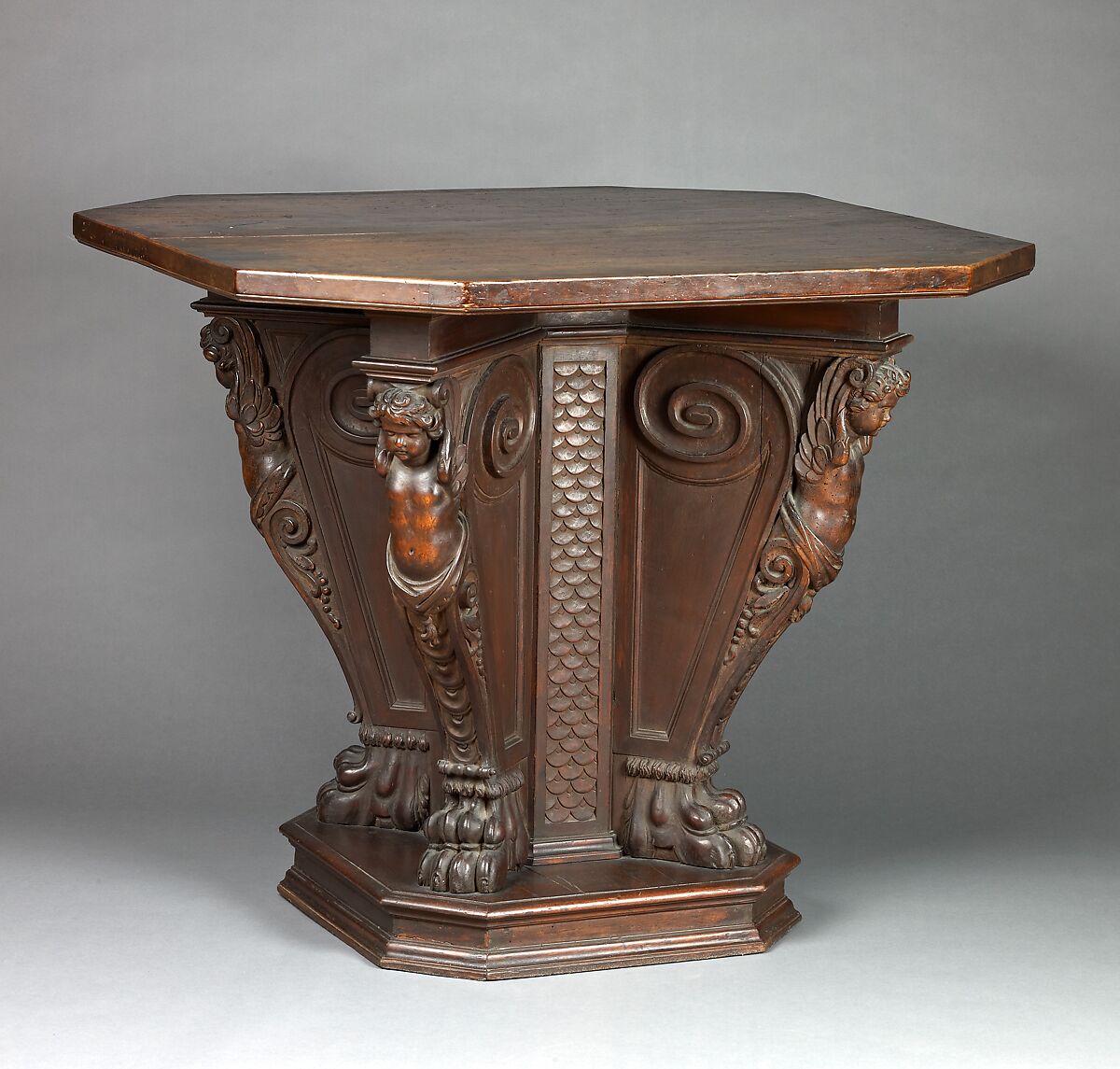 Octagonal table, Walnut, carved., Italian (?) or American (United States?) 