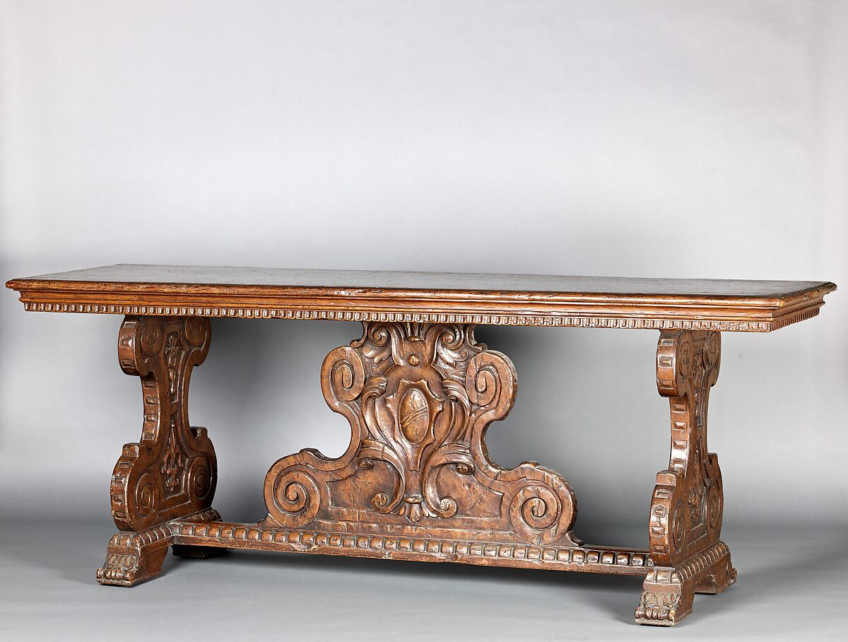 Rectangular table, Walnut, carved., Italian or American (United States) 