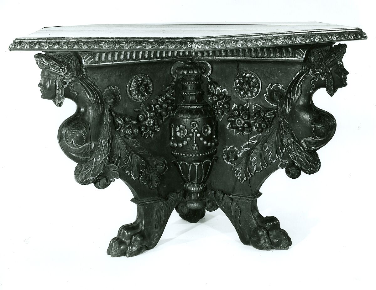 Hexagonal table, Walnut, carved; partially gilded., Italian