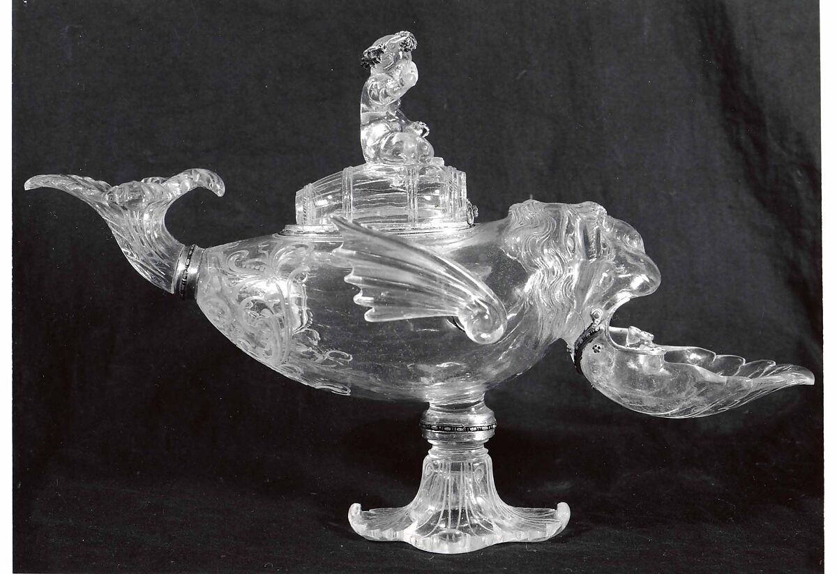 "Ewer" in the Form of a Sea Monster Ridden by Bacchus, Rock crystal, cut on the wheel, enameled gold., German (Aachen) or French (Paris)