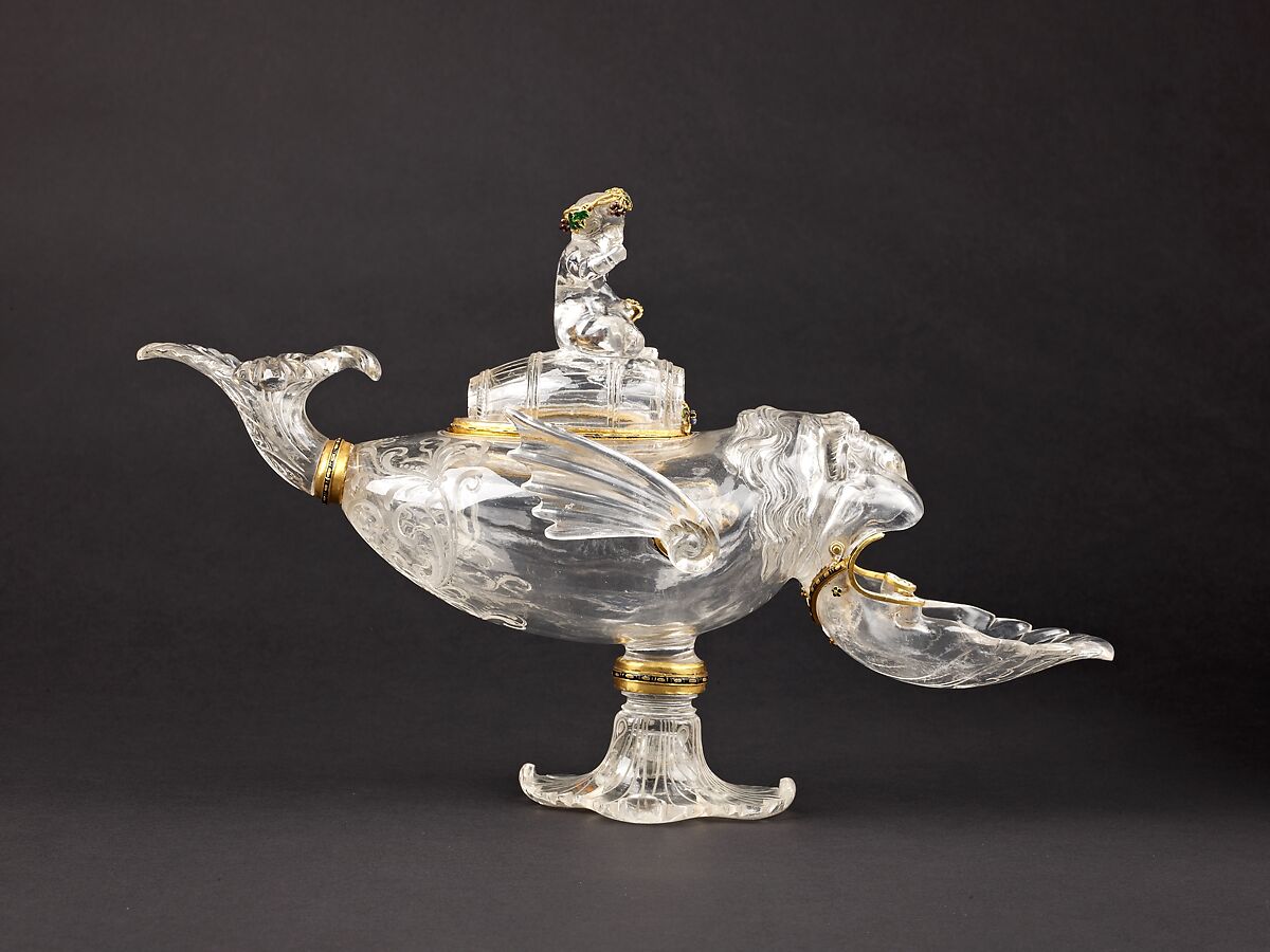 "Ewer" in the Form of a Sea Monster Ridden by Bacchus, Rock crystal, cut on the wheel, enameled gold., German (Aachen) or French (Paris) 