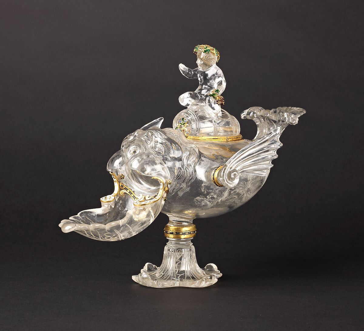 "Ewer" in the Form of a Sea Monster Ridden by Bacchus, Rock crystal, cut on the wheel, enameled gold., German (Aachen) or French (Paris)