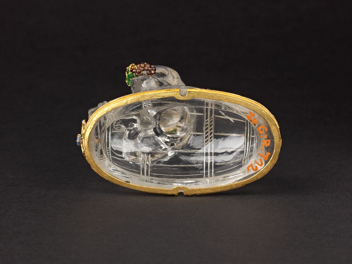 "Ewer" in the Form of a Sea Monster Ridden by Bacchus, Rock crystal, cut on the wheel, enameled gold., German (Aachen) or French (Paris)