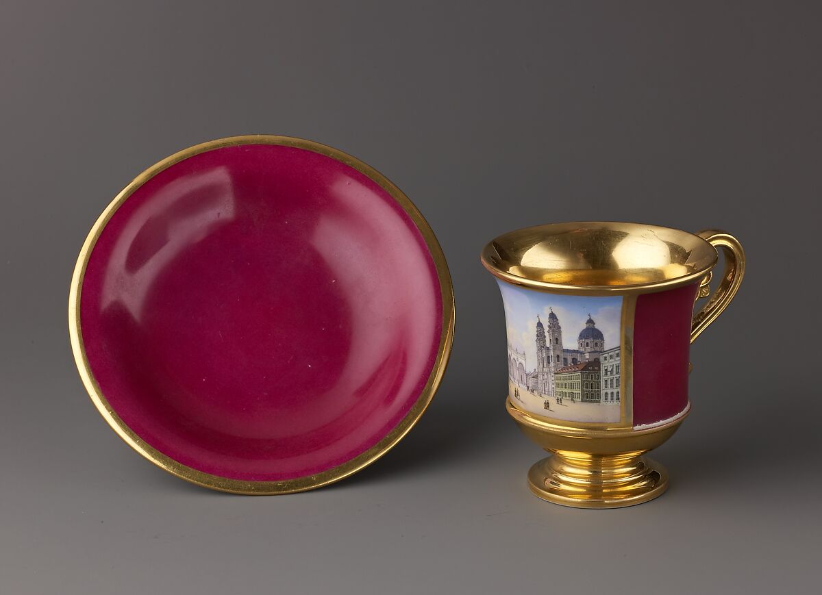 Cup (with a view of the Odeonsplatz, Munich) and saucer, Hard-paste porcelain, German, Nymphenburg 