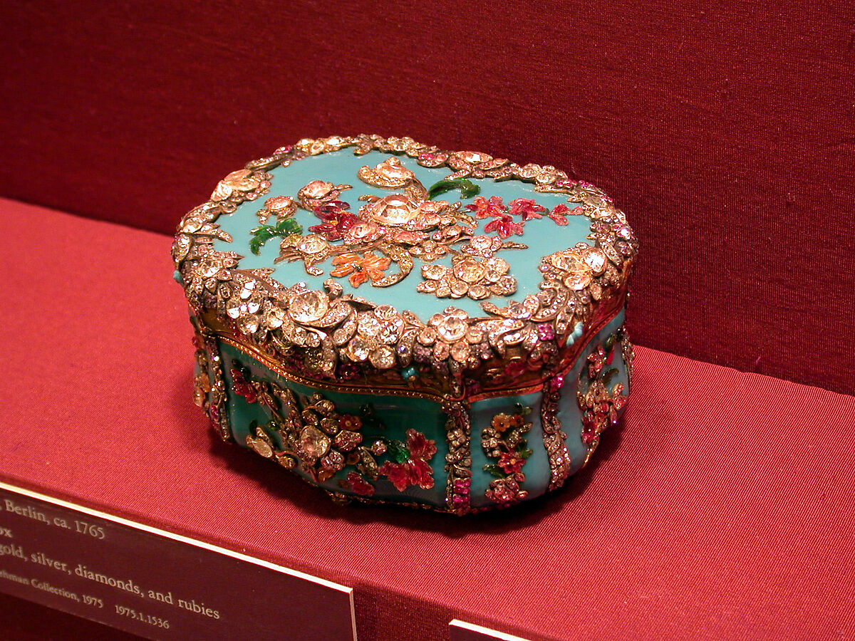 Jeweled Snuffbox, Glass, gold, silver, diamonds and rubies, German, Berlin
