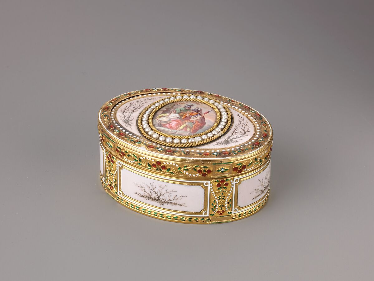 Snuffbox with An Allegory of Geography, Joseph Etienne Blerzy (French, active 1750–1806), Gold, enamel, and pearls 