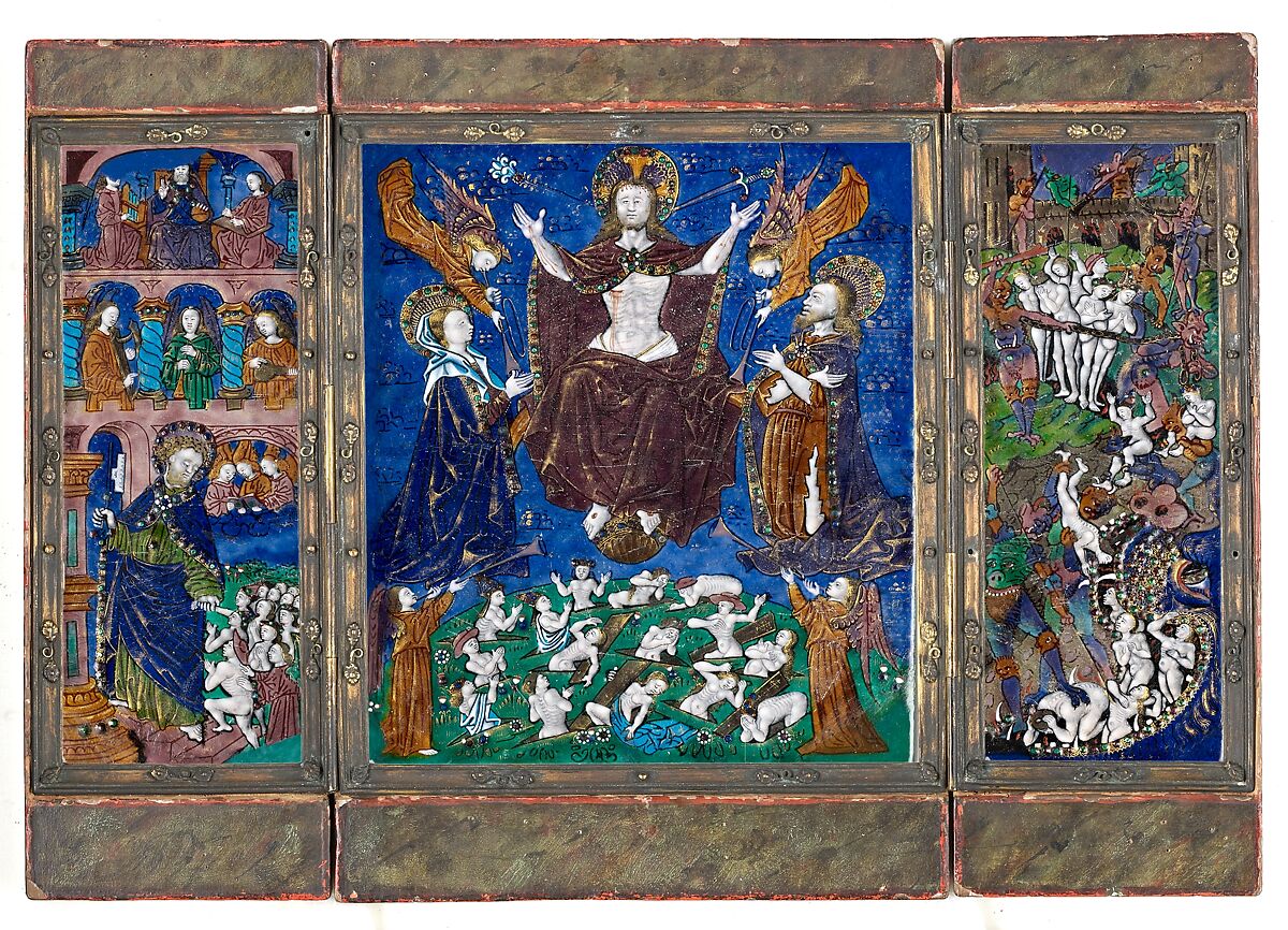 Triptych: The Last Judgment, Master of the Orléans Triptych (French, active late 15th–early 16th century), Painted enamels on copper, partly gilded., French
