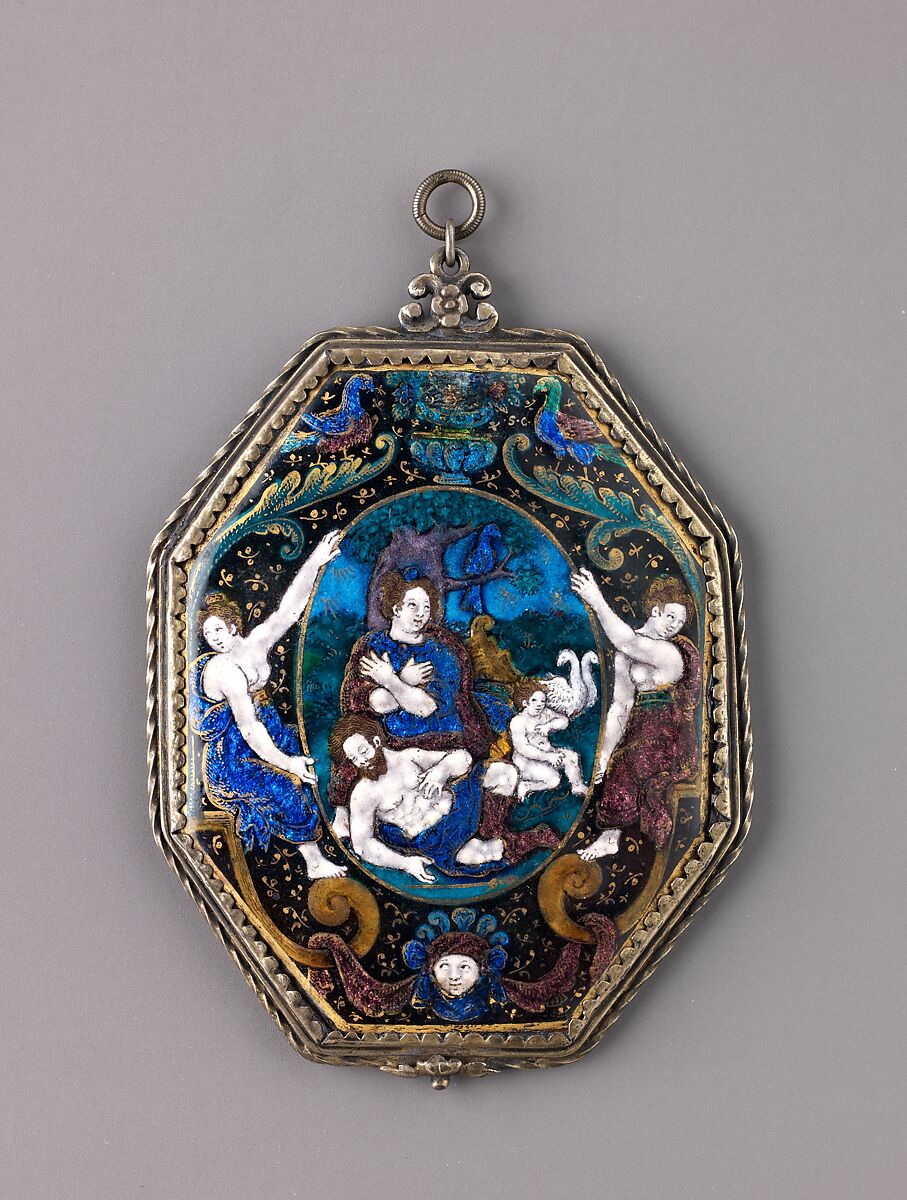 Mirror: Venus Mourning the Dead Adonis, Suzanne de Court (French, active 1575–1625), Painted enamel, partly gilt and partly silvered, on copper; silver; glass. 