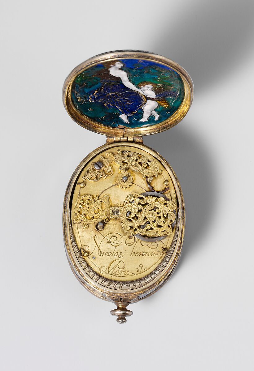 Watch, Suzanne de Court (French, active 1575–1625) and, Case of brass with plaques of painted enamel on copper, partly gilt and partly silvered, and silver-gilt mounts. Dial of brass with traces of gilding and with a silver chapter of hours; in the center a disk of painted enamel on copper and a gilt-brass hand.