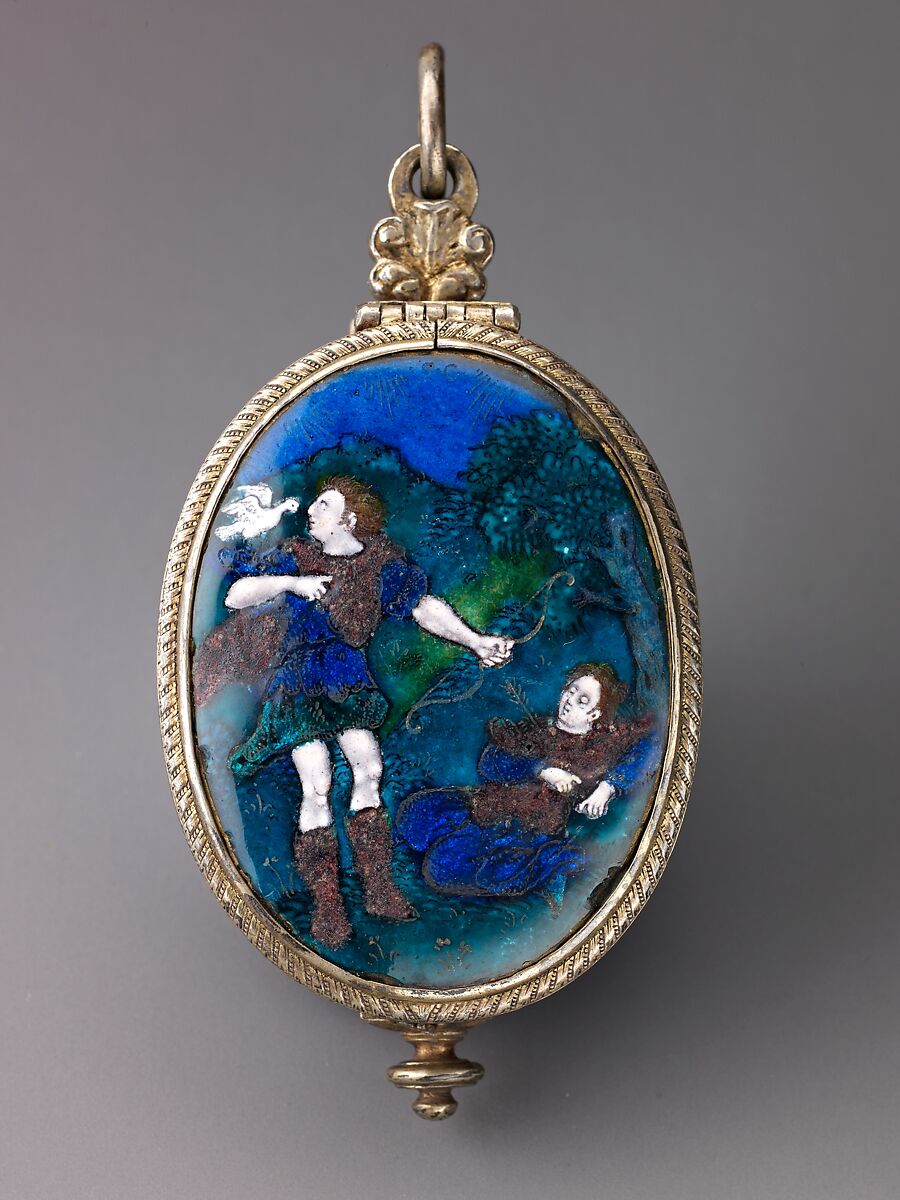 Watch, Suzanne de Court (French, active 1575–1625) and, Case of brass with plaques of painted enamel on copper, partly gilt and partly silvered, and silver-gilt mounts. Dial of brass with traces of gilding and with a silver chapter of hours; in the center a disk of painted enamel on copper and a gilt-brass hand.