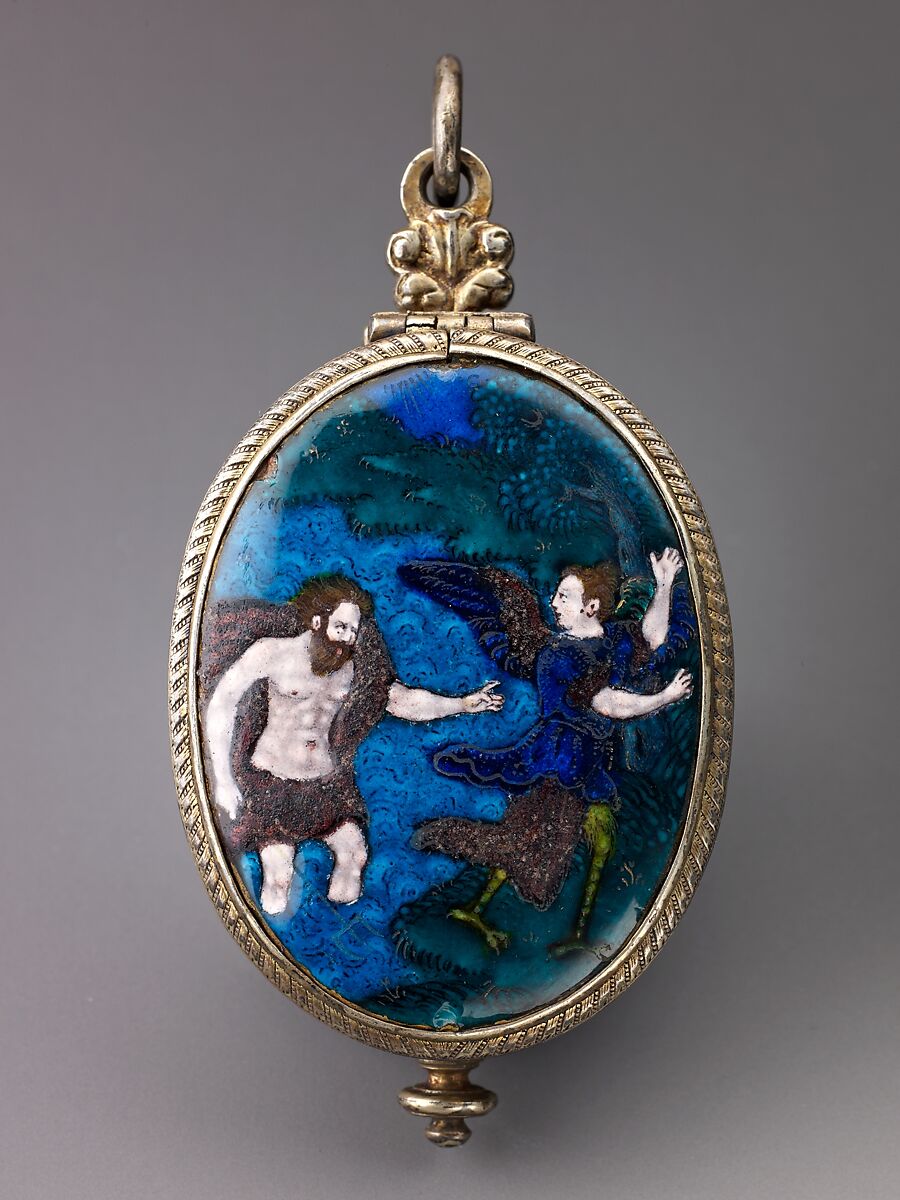 Watch, Suzanne de Court (French, active 1575–1625) and, Case of brass with plaques of painted enamel on copper, partly gilt and partly silvered, and silver-gilt mounts. Dial of brass with traces of gilding and with a silver chapter of hours; in the center a disk of painted enamel on copper and a gilt-brass hand.