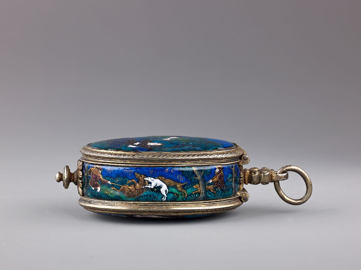 Watch, Suzanne de Court (French, active 1575–1625) and, Case of brass with plaques of painted enamel on copper, partly gilt and partly silvered, and silver-gilt mounts. Dial of brass with traces of gilding and with a silver chapter of hours; in the center a disk of painted enamel on copper and a gilt-brass hand.