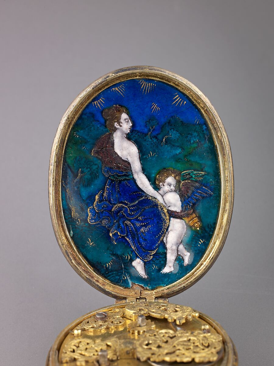 Watch, Suzanne de Court (French, active 1575–1625) and, Case of brass with plaques of painted enamel on copper, partly gilt and partly silvered, and silver-gilt mounts. Dial of brass with traces of gilding and with a silver chapter of hours; in the center a disk of painted enamel on copper and a gilt-brass hand.