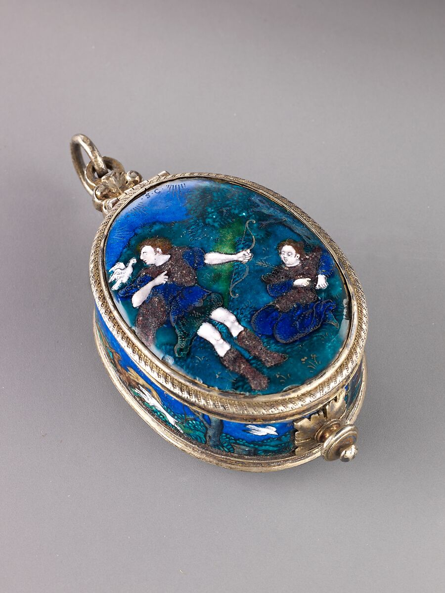 Watch, Suzanne de Court (French, active 1575–1625) and, Case of brass with plaques of painted enamel on copper, partly gilt and partly silvered, and silver-gilt mounts. Dial of brass with traces of gilding and with a silver chapter of hours; in the center a disk of painted enamel on copper and a gilt-brass hand.