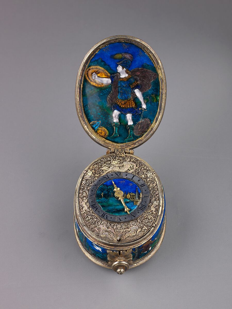 Watch, Suzanne de Court (French, active 1575–1625) and, Case of brass with plaques of painted enamel on copper, partly gilt and partly silvered, and silver-gilt mounts. Dial of brass with traces of gilding and with a silver chapter of hours; in the center a disk of painted enamel on copper and a gilt-brass hand. 