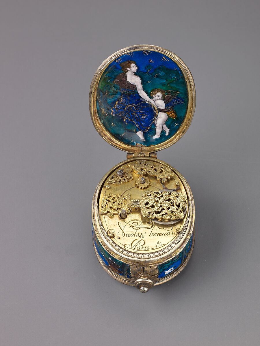 Watch, Suzanne de Court (French, active 1575–1625) and, Case of brass with plaques of painted enamel on copper, partly gilt and partly silvered, and silver-gilt mounts. Dial of brass with traces of gilding and with a silver chapter of hours; in the center a disk of painted enamel on copper and a gilt-brass hand.