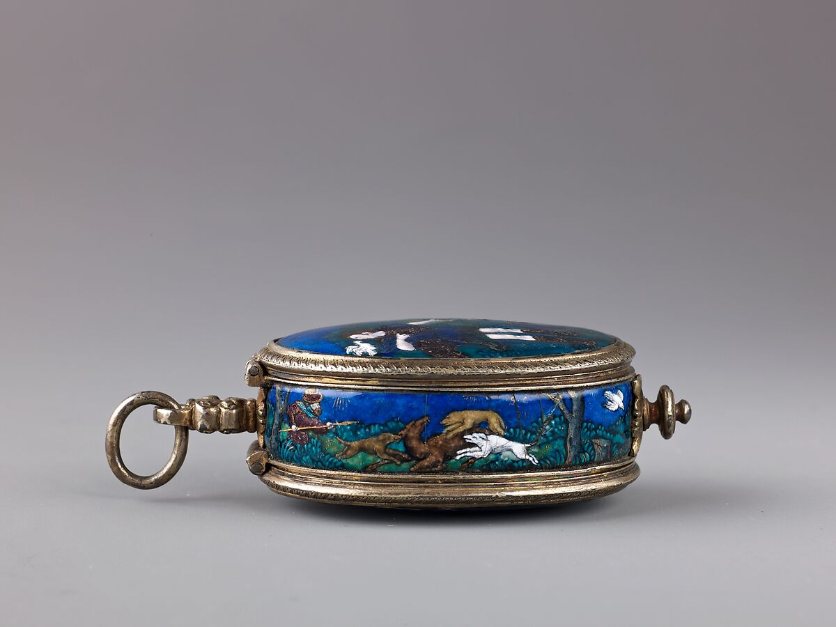 Watch, Suzanne de Court (French, active 1575–1625) and, Case of brass with plaques of painted enamel on copper, partly gilt and partly silvered, and silver-gilt mounts. Dial of brass with traces of gilding and with a silver chapter of hours; in the center a disk of painted enamel on copper and a gilt-brass hand.
