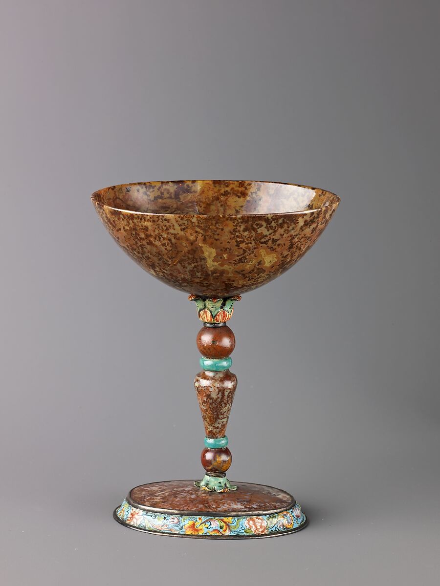 Moss agate and enamel stem cup, Agate, silver gilt and enamel., South German, probably Augsburg 