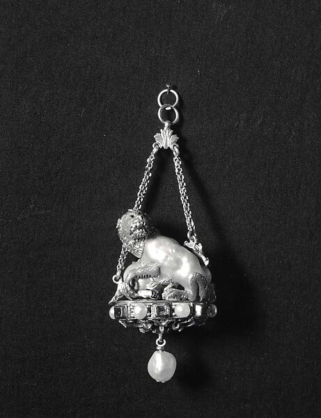 Pendant with a Lion Attacking a Camel, probably Alfred André (French, 1839–1919) and, Baroque pearl, enameled gold, rubies, and pearls. 