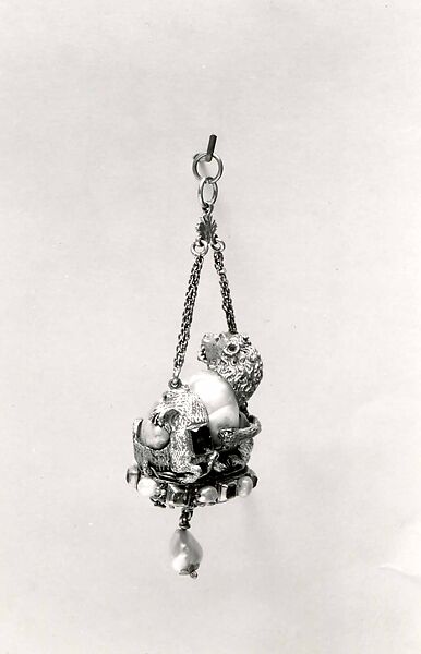 Pendant with a Lion Attacking a Camel, probably Alfred André (French, 1839–1919) and, Baroque pearl, enameled gold, rubies, and pearls.