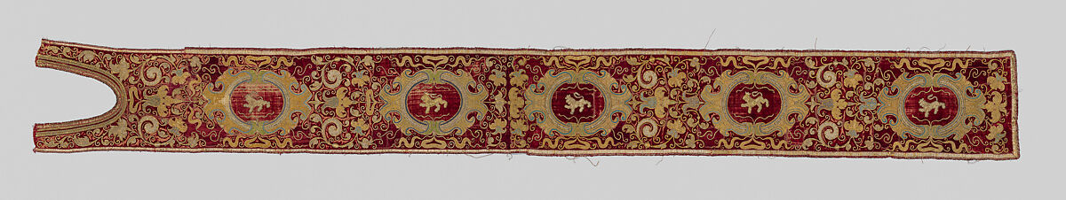 Two Orphrey Sections made into a Hanging or Cover, Silk; metal; hemp plain weave, Spanish 
