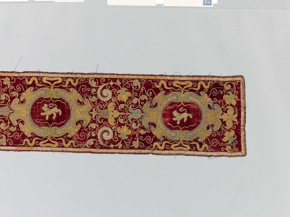 Two Orphrey Sections made into a Hanging or Cover, Silk; metal; hemp plain weave, Spanish