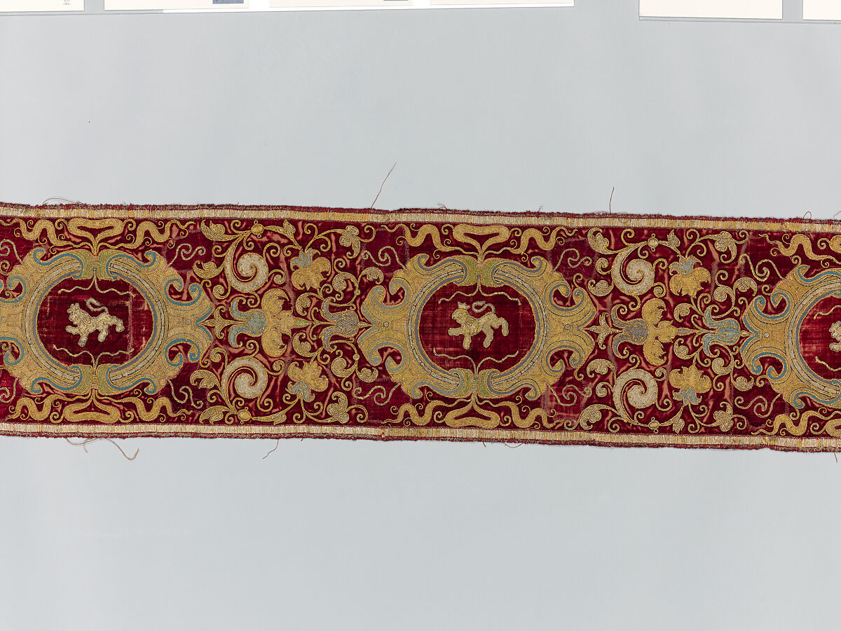 Two Orphrey Sections made into a Hanging or Cover, Silk; metal; hemp plain weave, Spanish