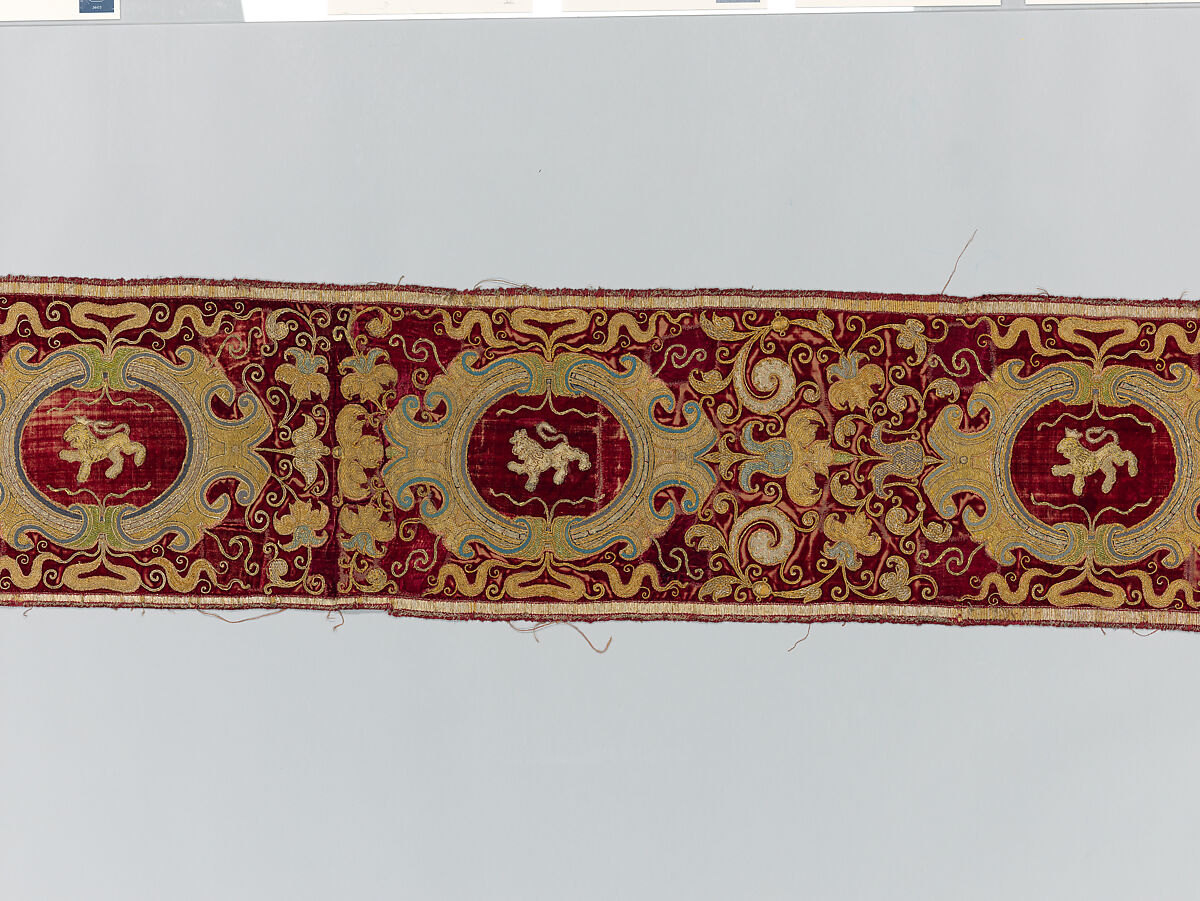 Two Orphrey Sections made into a Hanging or Cover, Silk; metal; hemp plain weave, Spanish