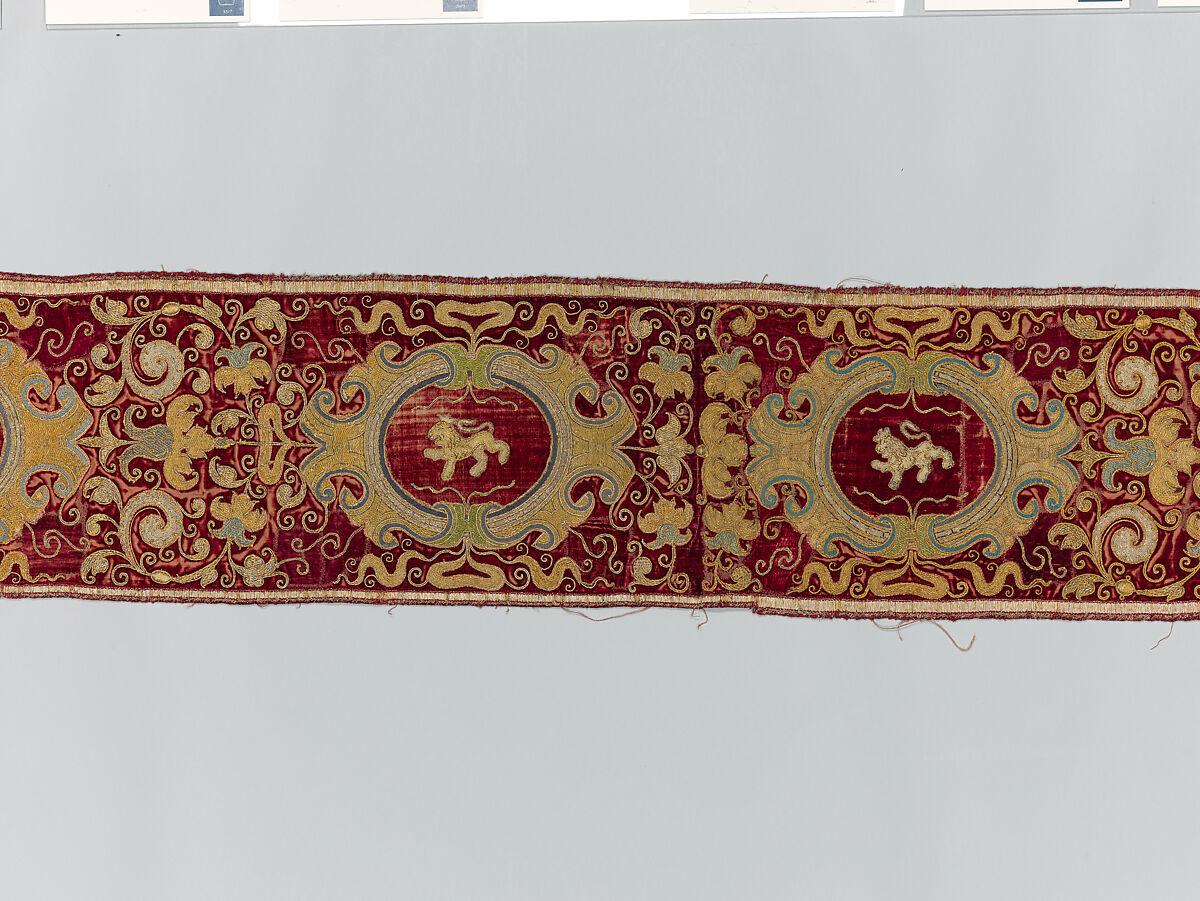 Two Orphrey Sections made into a Hanging or Cover, Silk; metal; hemp plain weave, Spanish