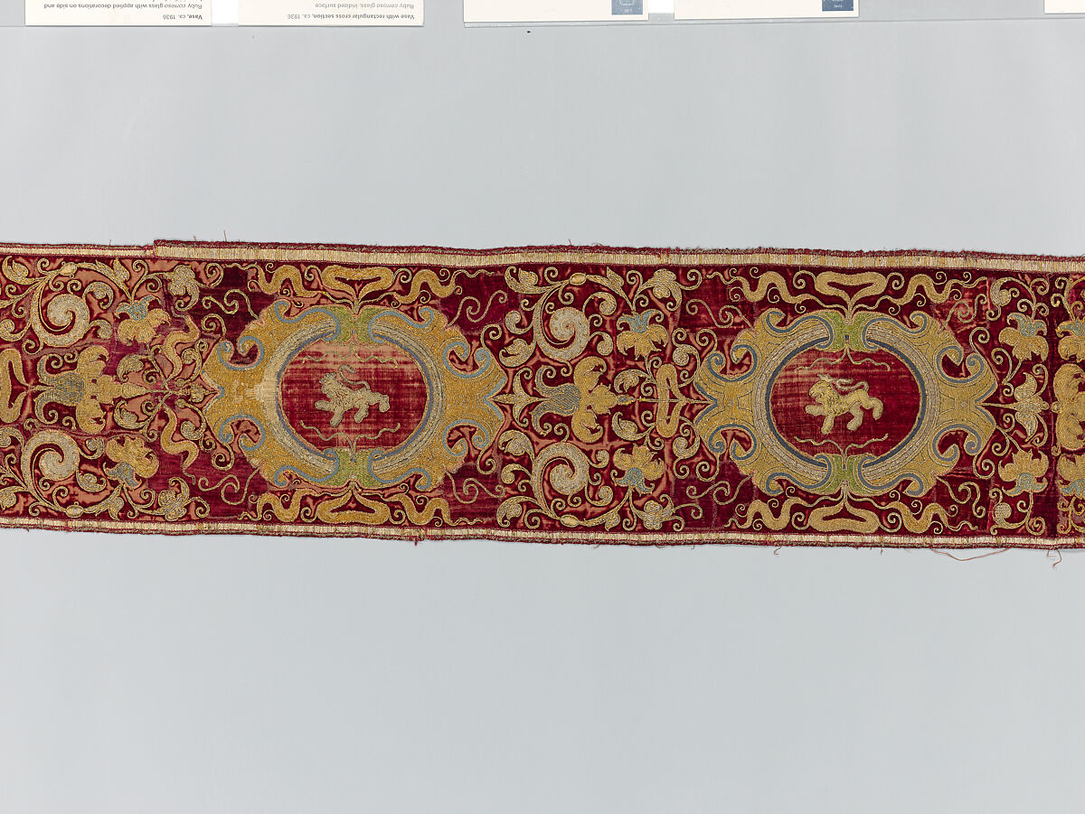 Two Orphrey Sections made into a Hanging or Cover, Silk; metal; hemp plain weave, Spanish