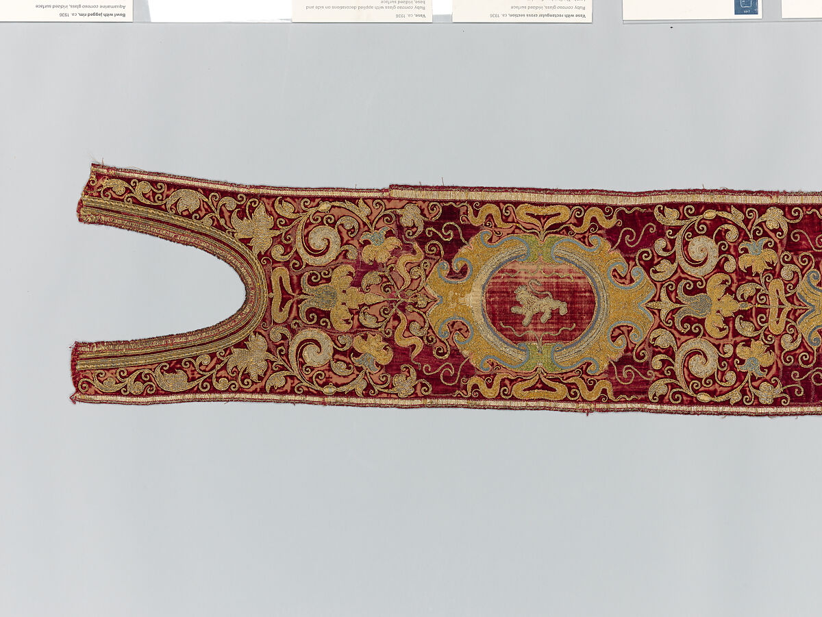 Two Orphrey Sections made into a Hanging or Cover, Silk; metal; hemp plain weave, Spanish