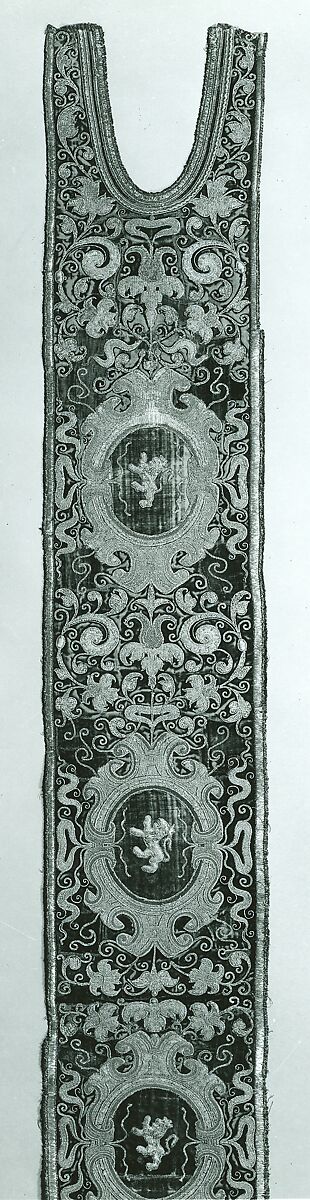 Two Orphrey Sections made into a Hanging or Cover, Silk; metal; hemp plain weave, Spanish