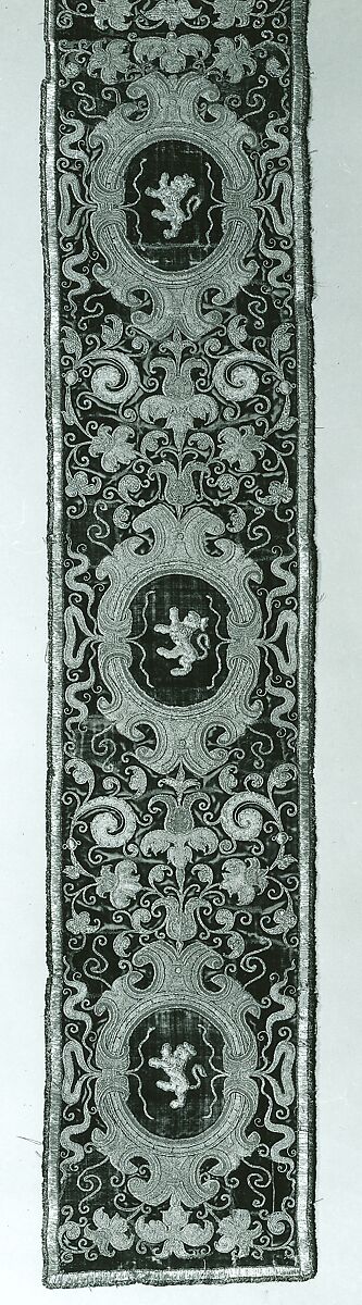 Two Orphrey Sections made into a Hanging or Cover, Silk; metal; hemp plain weave, Spanish