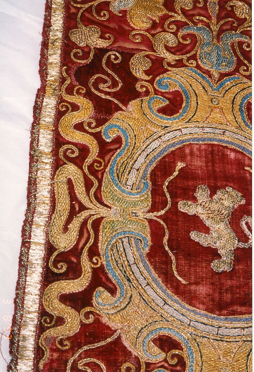 Two Orphrey Sections made into a Hanging or Cover, Silk; metal; hemp plain weave, Spanish