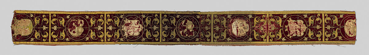 Four fragments of Orphrey Bands Made into a Panel, Silk; metal; paper;linen, Spanish 
