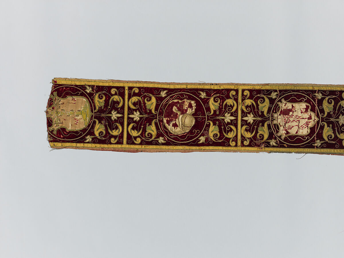 Four fragments of Orphrey Bands Made into a Panel, Silk; metal; paper;linen, Spanish