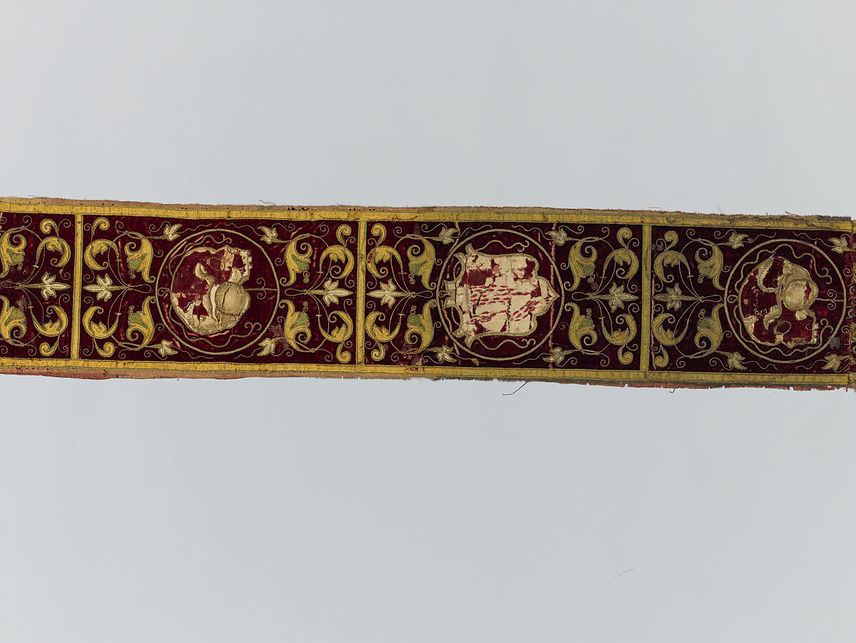 Four fragments of Orphrey Bands Made into a Panel, Silk; metal; paper;linen, Spanish