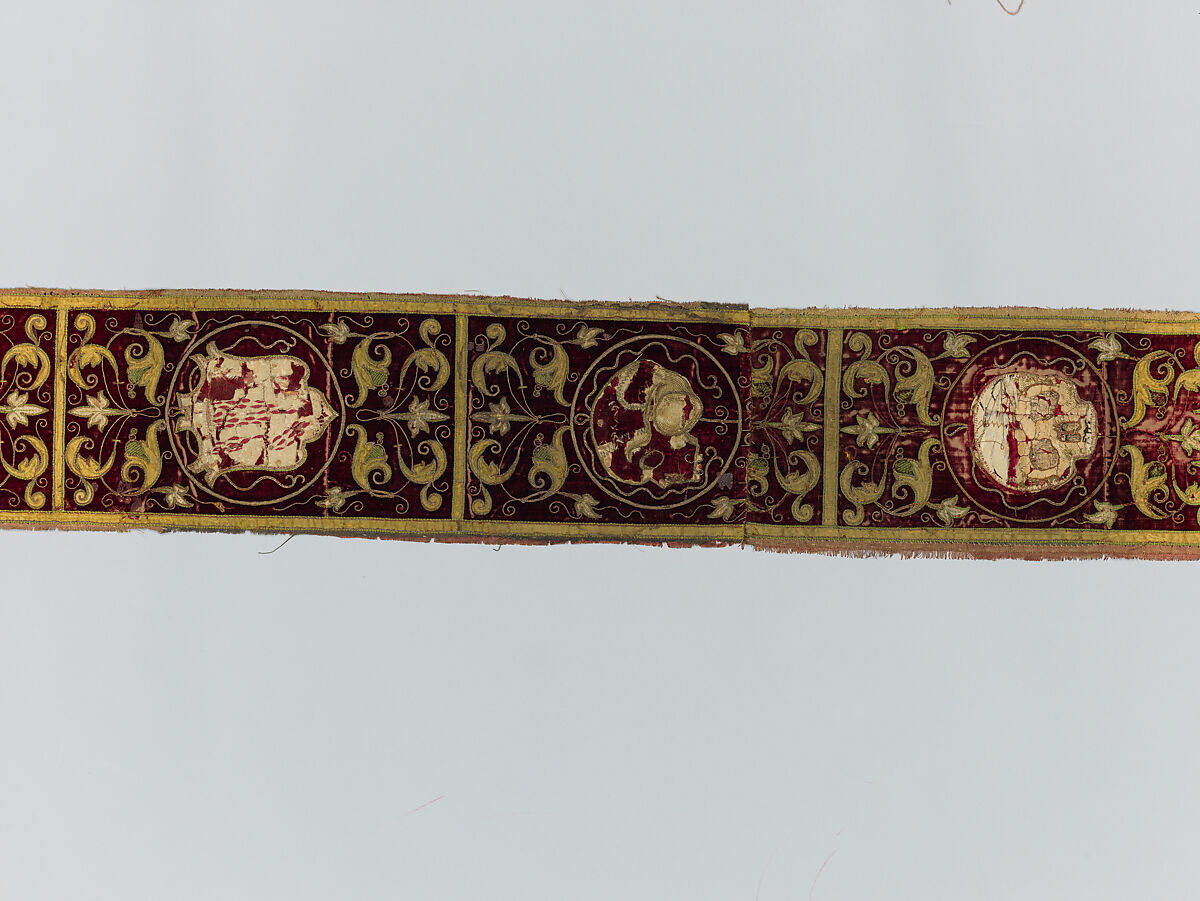 Four fragments of Orphrey Bands Made into a Panel, Silk; metal; paper;linen, Spanish