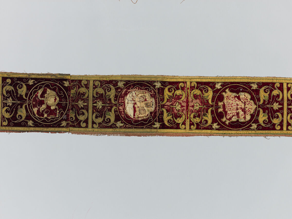 Four fragments of Orphrey Bands Made into a Panel, Silk; metal; paper;linen, Spanish