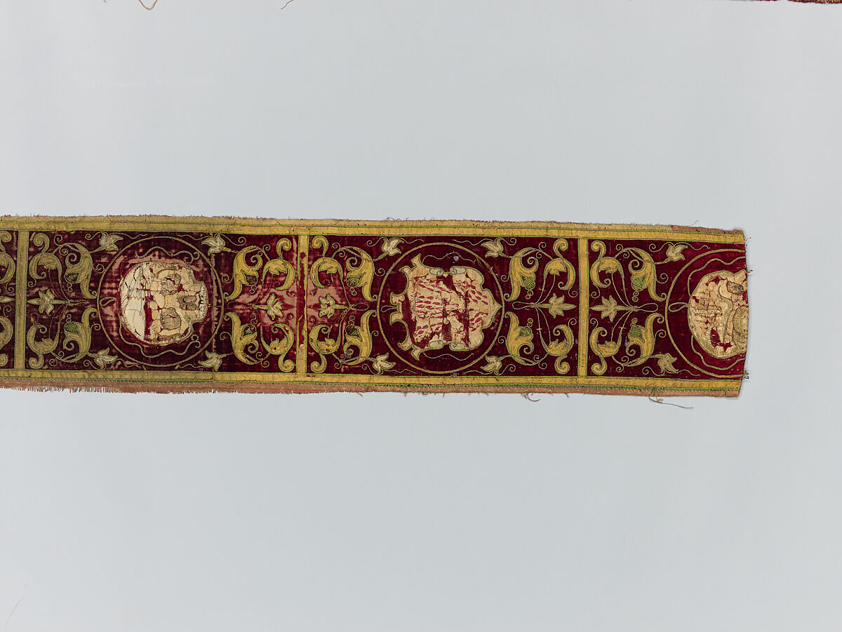 Four fragments of Orphrey Bands Made into a Panel, Silk; metal; paper;linen, Spanish