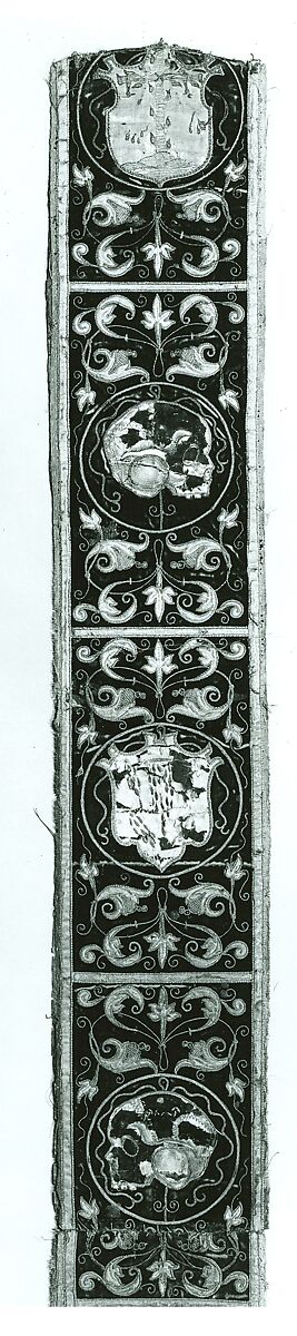 Four fragments of Orphrey Bands Made into a Panel, Silk; metal; paper;linen, Spanish