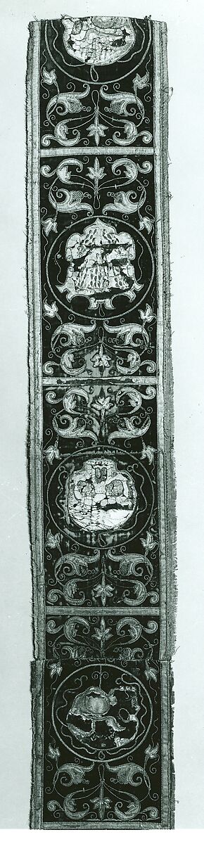 Four fragments of Orphrey Bands Made into a Panel, Silk; metal; paper;linen, Spanish