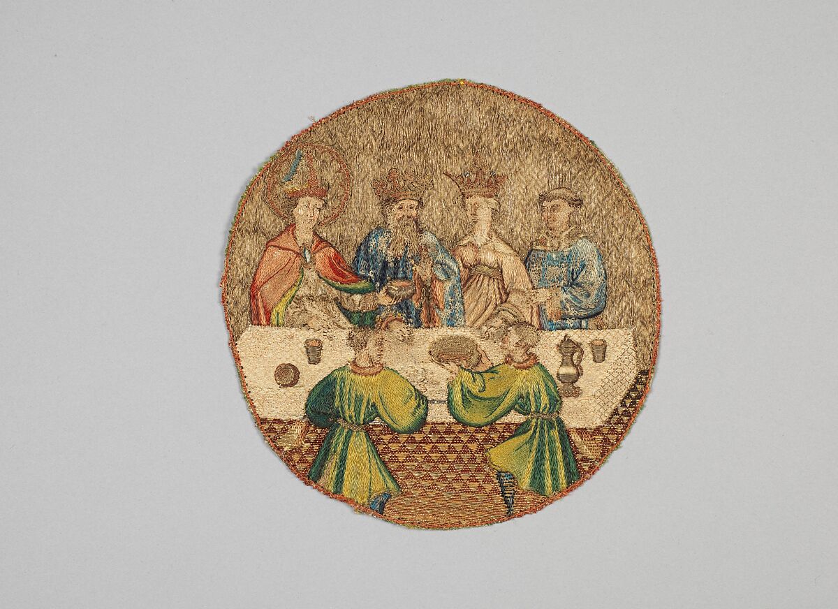 Saint Martin Offering the Wine Cup to the Priest, Linen plain weave underlaid with linen plain weave and embroidered silk and gilt-metal-strip-wrapped silk in single satin, split, and stem stitches, laid work, and couching, including or nué, Flemish 