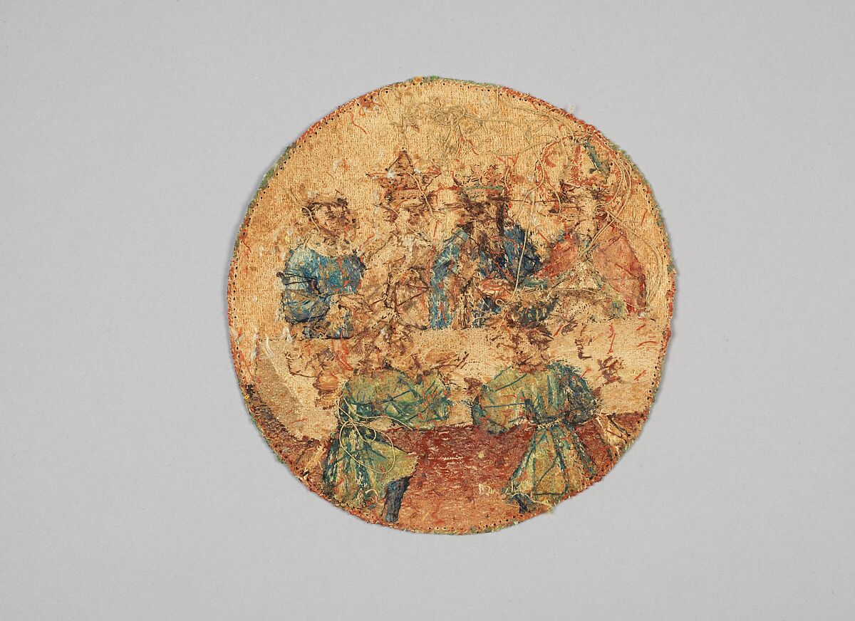 Saint Martin Offering the Wine Cup to the Priest, Linen plain weave underlaid with linen plain weave and embroidered silk and gilt-metal-strip-wrapped silk in single satin, split, and stem stitches, laid work, and couching, including or nué, Flemish