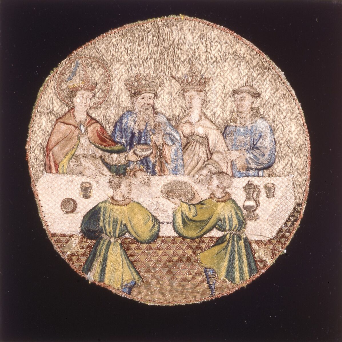 Saint Martin Offering the Wine Cup to the Priest, Linen plain weave underlaid with linen plain weave and embroidered silk and gilt-metal-strip-wrapped silk in single satin, split, and stem stitches, laid work, and couching, including or nué, Flemish
