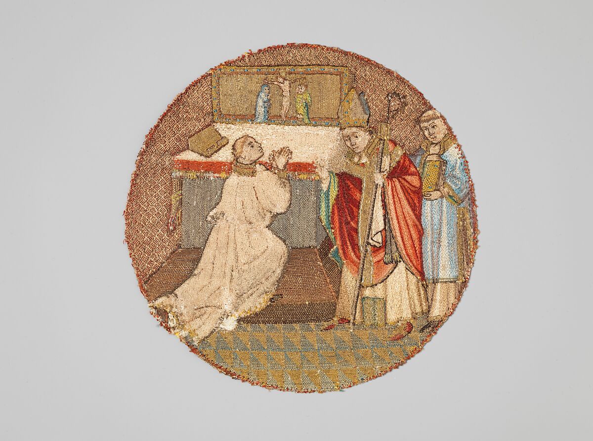 Saint Martin and Saint Hilary, Linen plain weave underlaid with linen plain weave (two layers) and embroidered with silk and gilt-metal-strip-wrapped silk in single satin, split, and stem stitches, laid work, and couching, including or nué, Flemish 