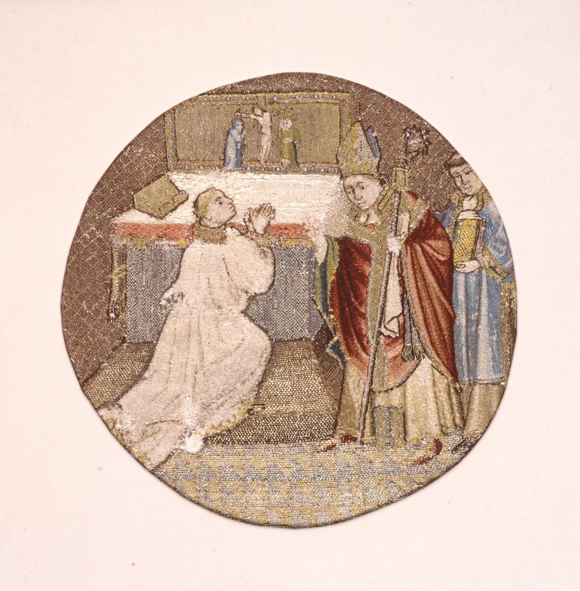 Saint Martin and Saint Hilary, Linen plain weave underlaid with linen plain weave (two layers) and embroidered with silk and gilt-metal-strip-wrapped silk in single satin, split, and stem stitches, laid work, and couching, including or nué, Flemish