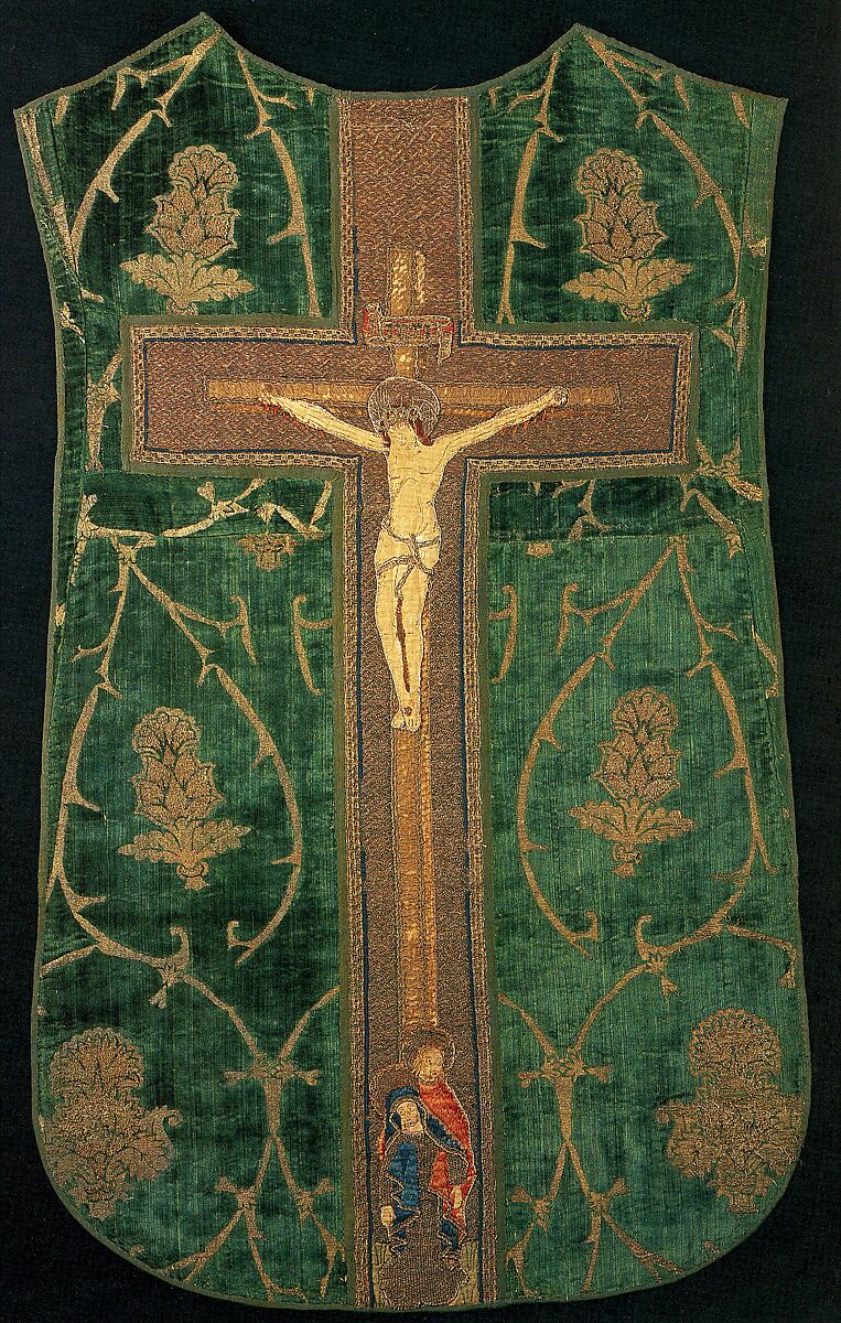 Chasuble Back with an Orphrey, Silk and gilt-metal-strip-wrapped silk plain weave, brocaded with gilt metal thread.Binding tape: cotton plain weaveLining: linen plain weave, glazedOrphrey Cross:  linen plain weave appliqué with silk, gilt-animal-substrate-wrapped linen, wool, and hemp., Italian, Spanish, or Turkish; German 
